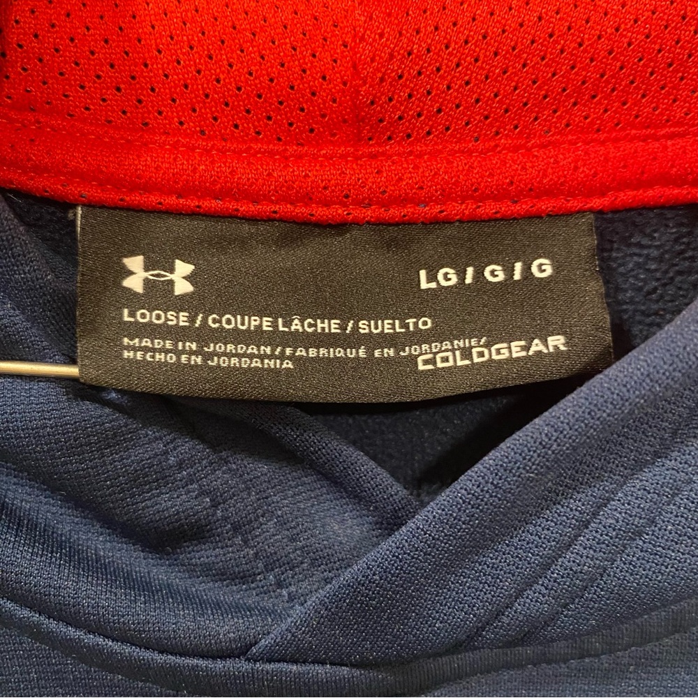 Under Armour Navy Fleece Hoodie Size Large Pullover Sweatshirt Loose Coldgear - Picture 14 of 17